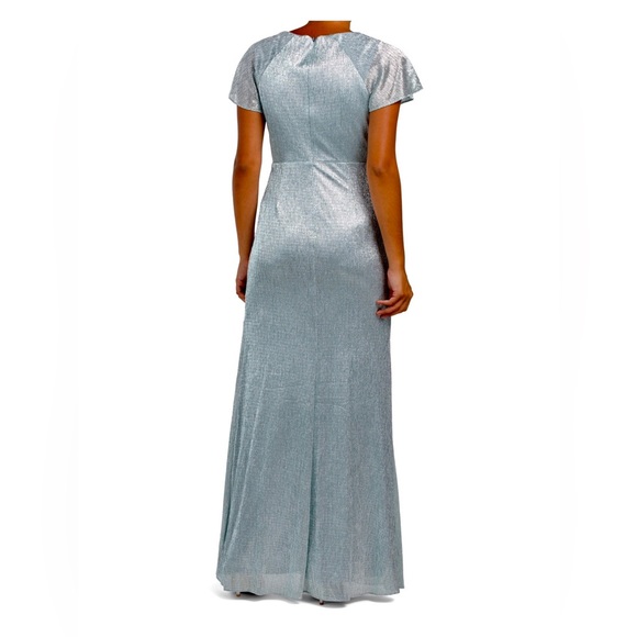 Adrianna Papell KNOT FRONT METALLIC GOWN WITH FLUTTER SLEEVE - Picture 2 of 3
